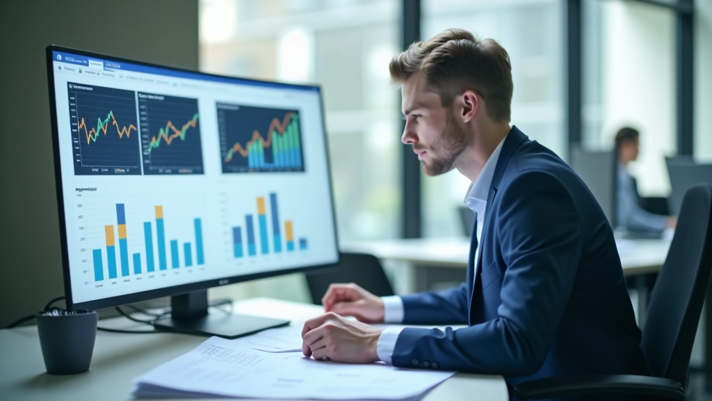 Finanzanalyst arbeitet an Schreibtisch mit Grafiken und Wirtschaftsdaten